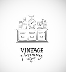 Card with sketch vintage pharmacy elements.