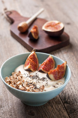 Breakfast with muesli, yogurt, figs