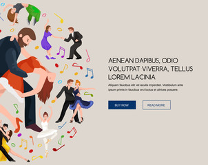 Couple dancing Kizomba in bright costumes. Vector illustration of partners dance bachata, happy peoples man and woman ballroom dancing poster, Bachata, roomba salsa latino dancer concept for poster