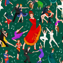 Seamless pattern. Dancing People, Dancer Bachata, Hiphop, Salsa, Indian, Ballet, Strip, Rock and Roll, Break, Flamenco, Tango, Contemporary, Belly Dance Pictogram Icon. Dancing style of design concept