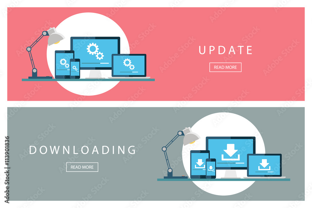 Poster Set of flat design concepts Update and Downloading technology. Install new software, operating system. Banners for web design, marketing and promotion. Presentation templates. Vector illustration.