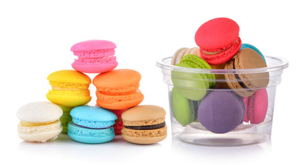 colourful french macaroons or macaron on white background