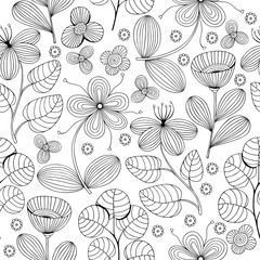 Beautiful monochrome Flowers set, Vector seamless pattern.
