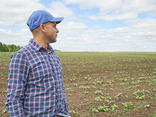 Farmer in plaid shirt controlled his field.
