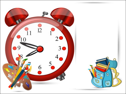 Back to school sign banner, coloured red alarm big clock, School