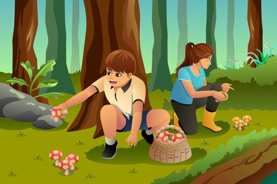 Kids Picking Up Mushroom