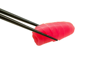 red tuna fish slice sashimi in chopsticks