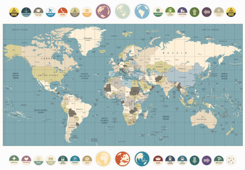 Fototapeta na wymiar World Map old colors illustration with round flat icons and glob