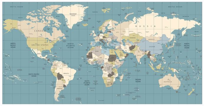 World Map old colors illustration: countries, cities, water obje