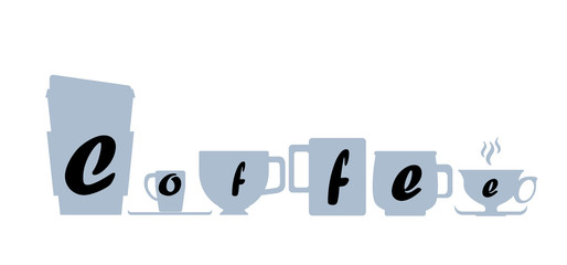 Coffee cups with letters blue on white horizontal vector illustration