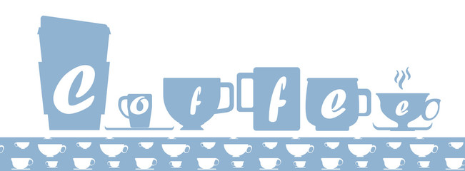 Blue coffee cup silhouettes with letters and coffee cup seamless pattern swatch