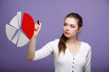 Woman shows a pie chart, circle diagram. Business analytics concept.