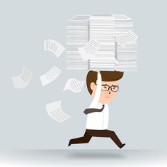 Businessman run holding a lot pile of paper, Businessman Cartoon character, vector illustration Business Concept