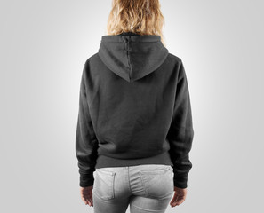 Blank black sweatshirt mock up back side view, isolated. Female wear grey plain hoodie mockup....