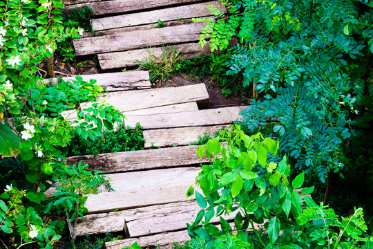 wooden sleepers path in the garden (top view on park)