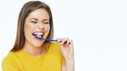 Smiling woman portrait with toothy brush. Healthy teeth.