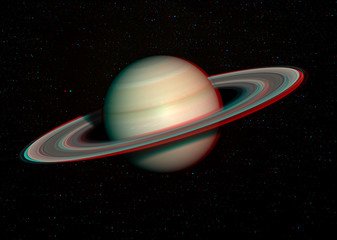Fototapeta na wymiar 3D anaglyph image of Saturn with stars in the background. Includes NASA data. View with red/cyan glasses.