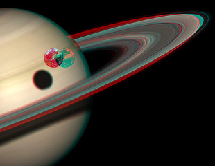Naklejka premium Earth and Saturn 3D anaglyph with correct sizes. Includes NASA data. View with red/cyan glasses.