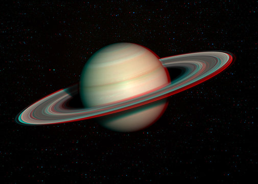 3D anaglyph image of Saturn with stars in the background. Includes NASA data. View with red/cyan glasses.