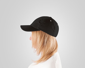 Blank black baseball cap mockup template, wear on women head, profile, isolated. Woman in gray hat and t shirt uniform mock up holding visor of caps. Cotton basebal cap design on delivery guy.