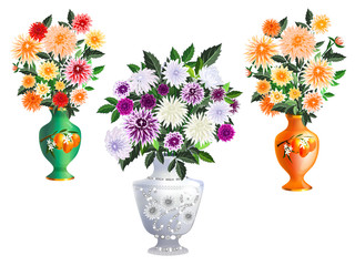 A set of porcelain vases with dahlias. Large bouquets of autumn flowers on long stems.