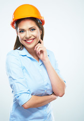 Smiling woman architect white background isolated portrait.