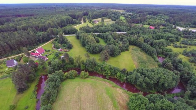 Aerial footage. Forest, fields and rivers. Summer nature landscape.