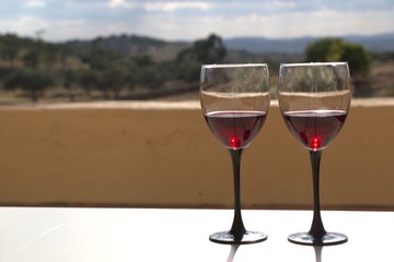 Copas de vino tinto al atardecer