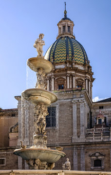 Palermo Cathedral and Fontana Pretoria, Sicily, Italy. 