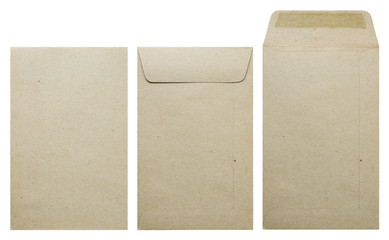Brown envelope front, back and open isolate on white background.