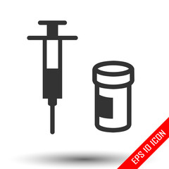 Syringe icon. Simple flat logo of syringe and a drug on white background. Vector illustration.