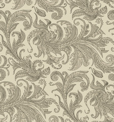 Fototapeta premium Handmade unusual seamless vector pattern. Exotic floral design background. Feathers and leaves, black thin contour line. Art print on fabric
