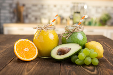 Fresh fruit and jar with smoothie