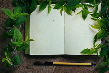 The workplace painter  and green leaves. The resentation. The blank notebook. Spring time blank...