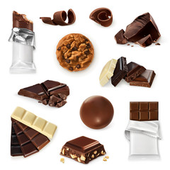 Chocolate, vector icon set. Different kinds of cacao products: energy bar, candy, chocolate pieces, slices, shavings, cookie. Delicious collection for dessert, advertising illustration for sweet shop