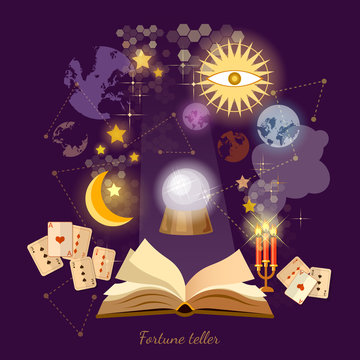 Fortune teller crystal ball in psychics magic book astrology