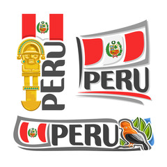 Vector logo Peru, 3 isolated illustrations: inka tumi ceremonial knife, ritual golden axe on background of national state flag, peruvian flag Republic of Peru beside symbol - andean cock-of-the-rock - obrazy, fototapety, plakaty