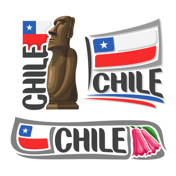 Vector logo Chile, 3 isolated illustrations: Moai stone statue head  on Easter Island on background of national state flag, symbol republic of Chile and chilean flag beside copihue chilian bellflower