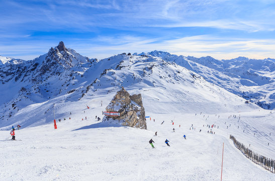 View of snow covered Courchevel slope in French Alps. Ski Resort