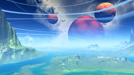 Fototapeta na wymiar Fantasy alien planet. Rocks and lake. 3D illustration