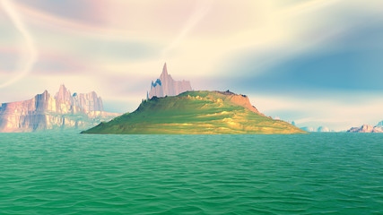 Fantasy alien planet. Rocks and lake. 3D illustration