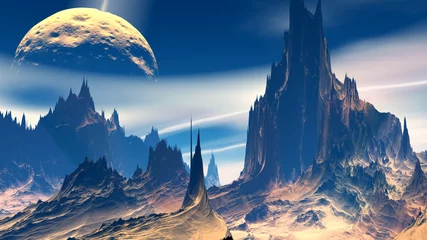 Gordijnen Fantasy alien planet. Rocks and sky. 3D illustration © Pavel Parmenov