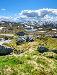 Fototapeta na wymiar Panorama of a Norwegian lake with mountains in the background 