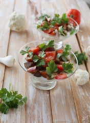 Panna Cotta with cauliflower salad with tomato and basil