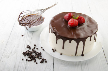 The process of making chocolate Cake filled with glaze. Birds milk.