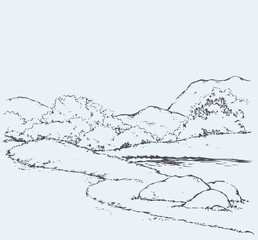 Mountain landscape with oak trees. Vector drawing