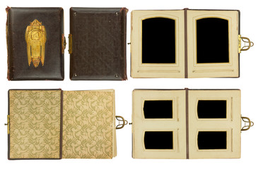 Cover and double pages of vintage photo album (circa 1900) with clasp and brass engraved decoration, isolated on white, contains clipping paths for all elements including photo frames - 113917223