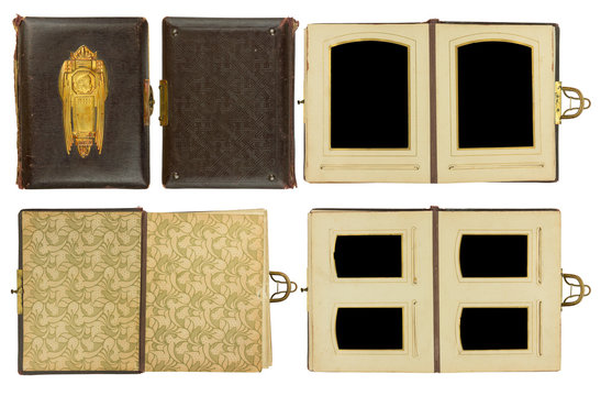 Cover and double pages of vintage photo album (circa 1900) with clasp and brass engraved decoration, isolated on white, contains clipping paths for all elements including photo frames
