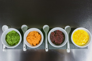 Healthy snacks - four colorful vegetable mousses