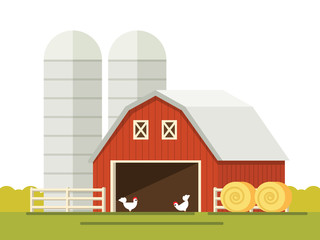 Farm and barn for storing grain in a flat style. stack of hay. © shendart